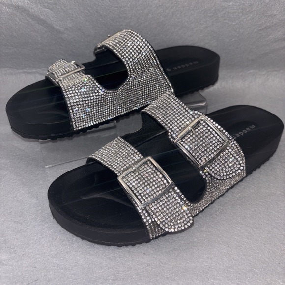 Madden Girl Shoes - Madden Girl Women's Teddy-R Rhinestone and Black Footbed Sandals, Size 9 NWOB